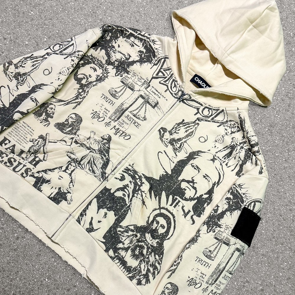 300 420gsm 100% cotton high-quality retro custom pattern men's zipper French loop fabric hoodie autumn regular style digital print /DTG