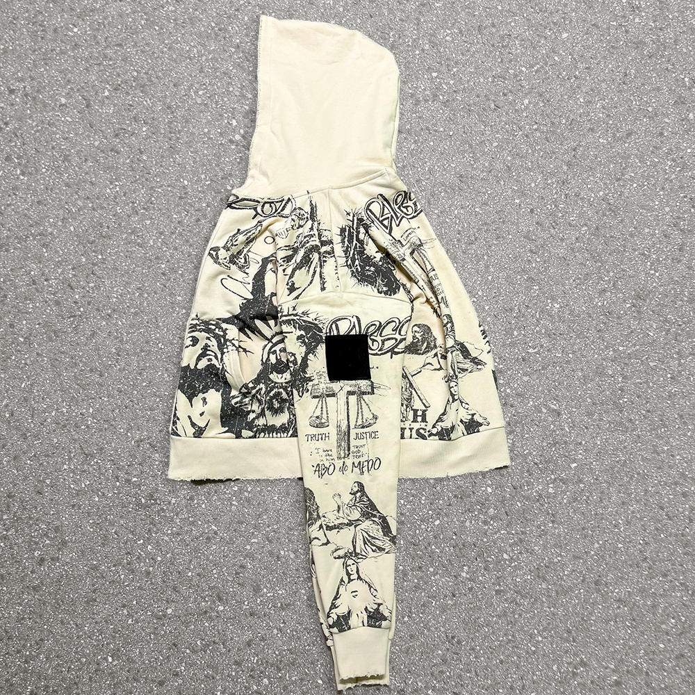 300 420gsm 100% cotton high-quality retro custom pattern men's zipper French loop fabric hoodie autumn regular style digital print /DTG