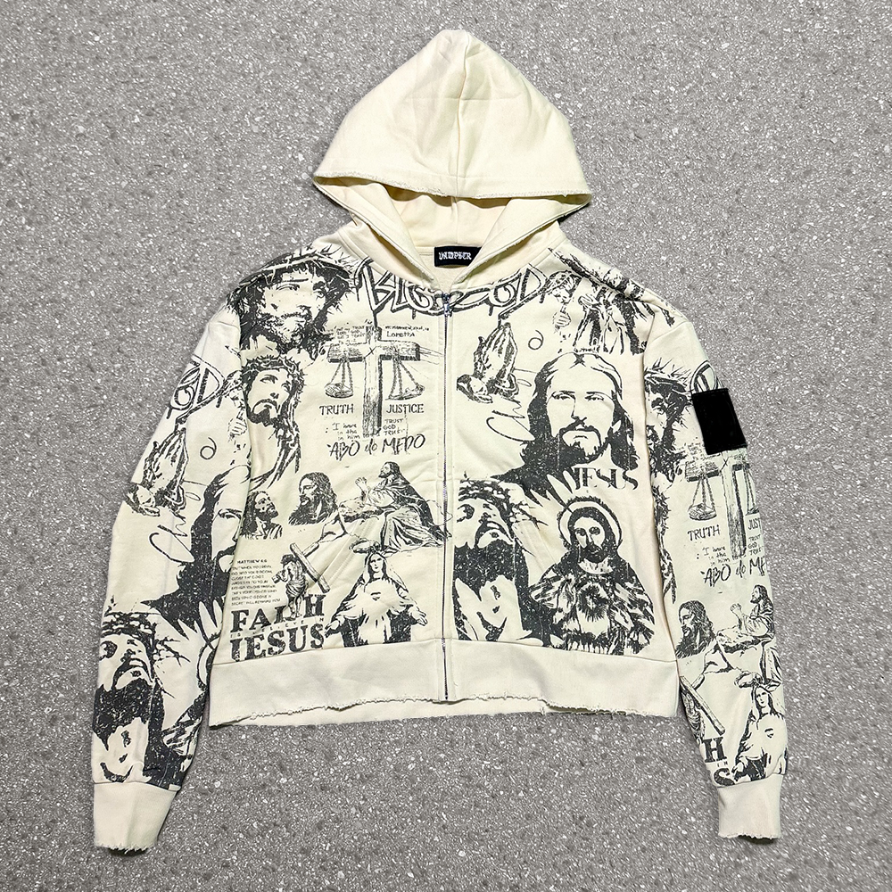 300 420gsm 100% cotton high-quality retro custom pattern men's zipper French loop fabric hoodie autumn regular style digital print /DTG