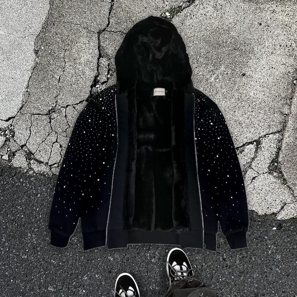 Water diamond polyester-cotton French loop custom zipper hoodie, high-quality anti-wrinkle, suitable for both men and women in autumn and winter