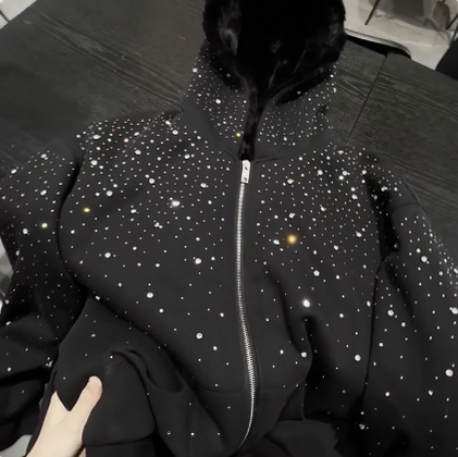 Water diamond polyester-cotton French loop custom zipper hoodie, high-quality anti-wrinkle, suitable for both men and women in autumn and winter