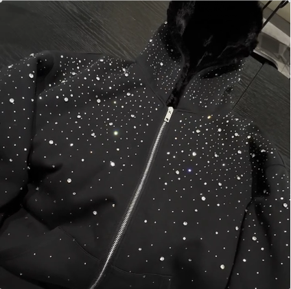 Water diamond polyester-cotton French loop custom zipper hoodie, high-quality anti-wrinkle, suitable for both men and women in autumn and winter