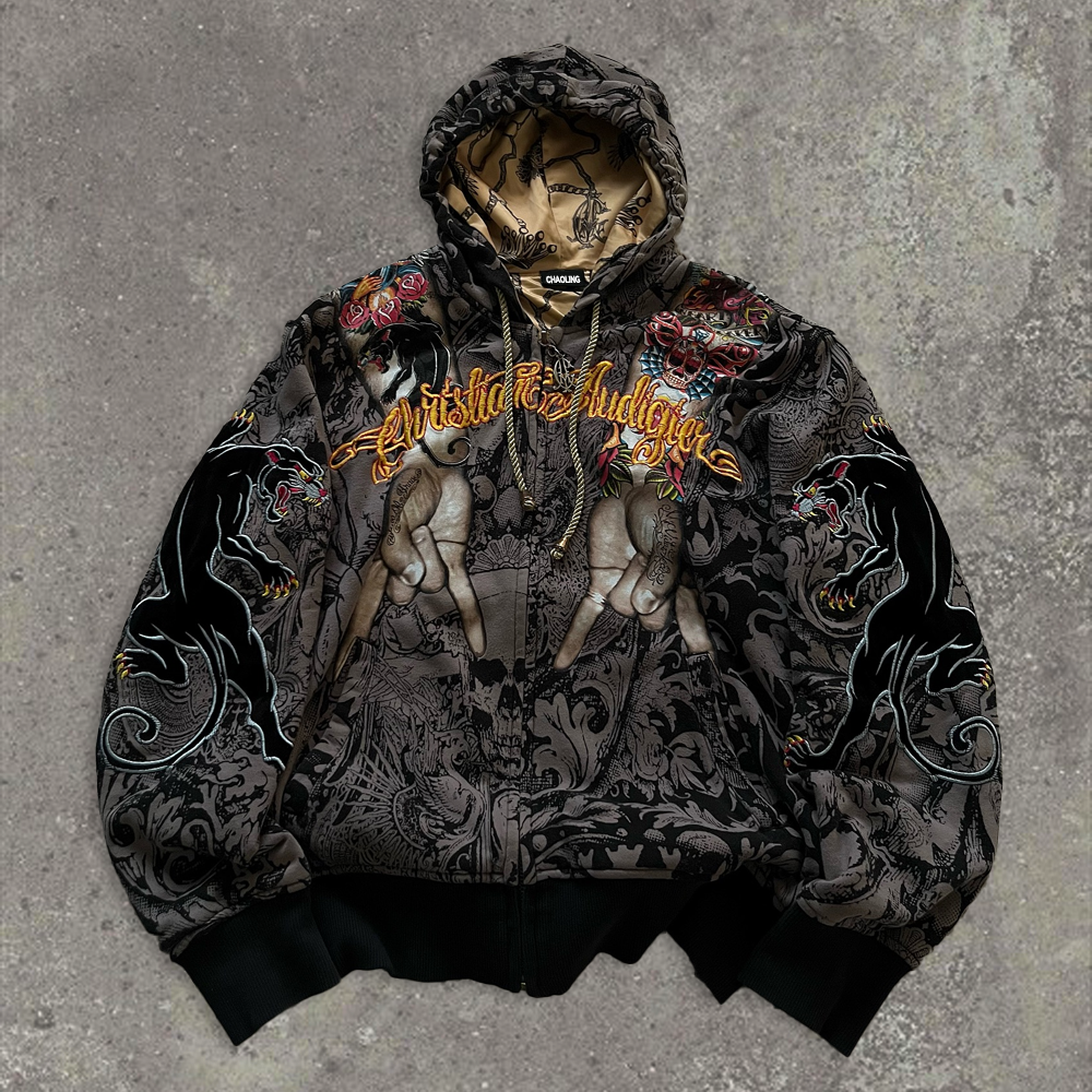 Wholesale 100% cotton heavy-duty extra-long zipper hoodies with embroidered animal prints, suitable for both men and women in winter