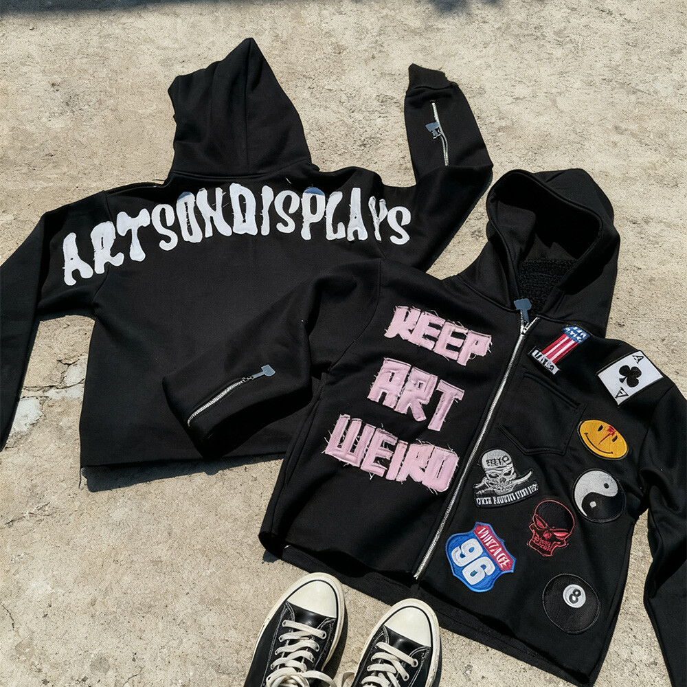 100% pure cotton winter oversized color-blocked wholesale custom distressed letter cartoon applique embroidered zipper hoodie