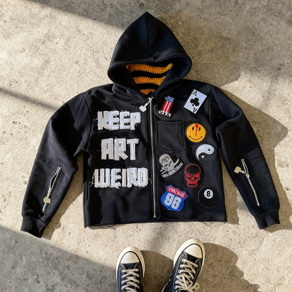 100% pure cotton winter oversized color-blocked wholesale custom distressed letter cartoon applique embroidered zipper hoodie