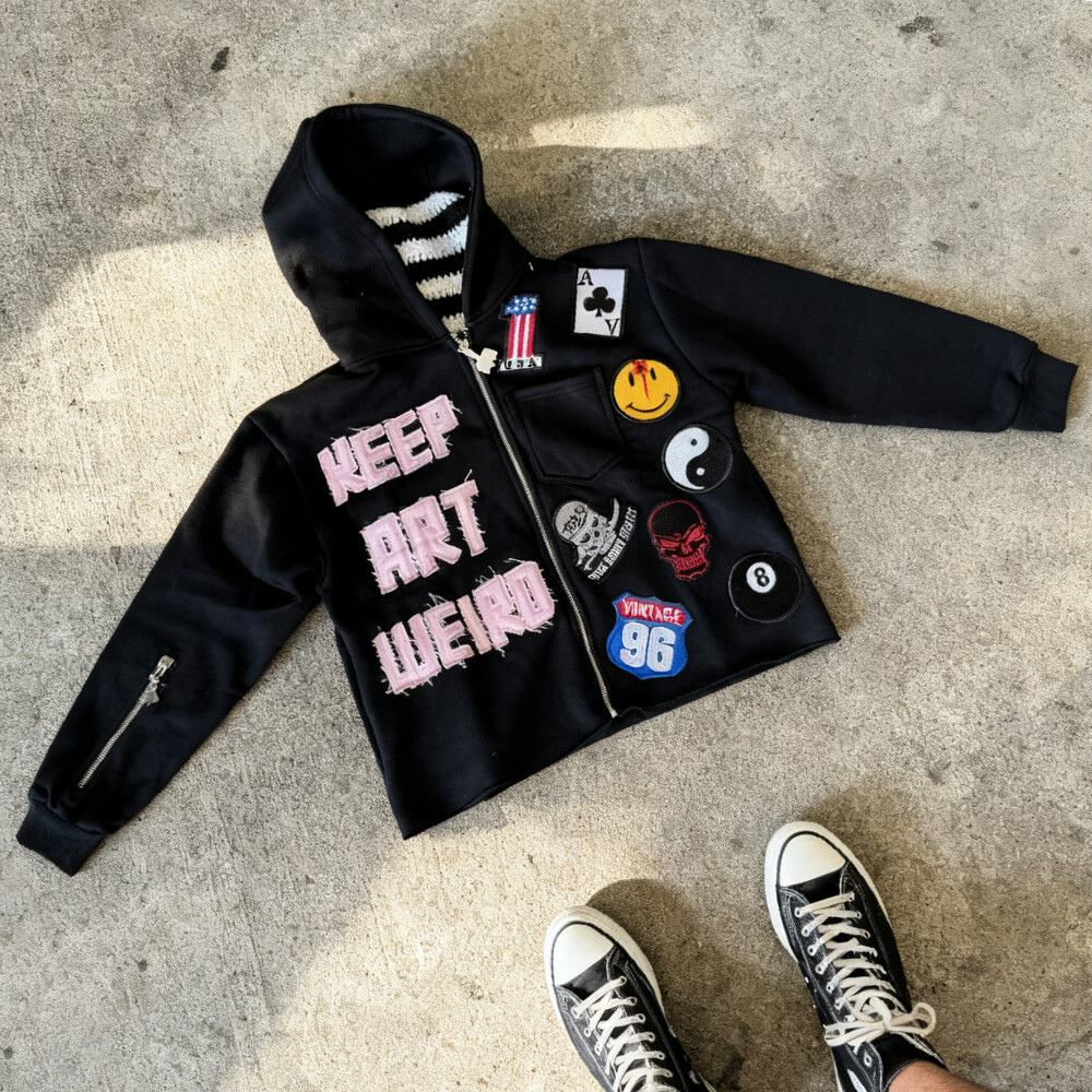 100% pure cotton winter oversized color-blocked wholesale custom distressed letter cartoon applique embroidered zipper hoodie