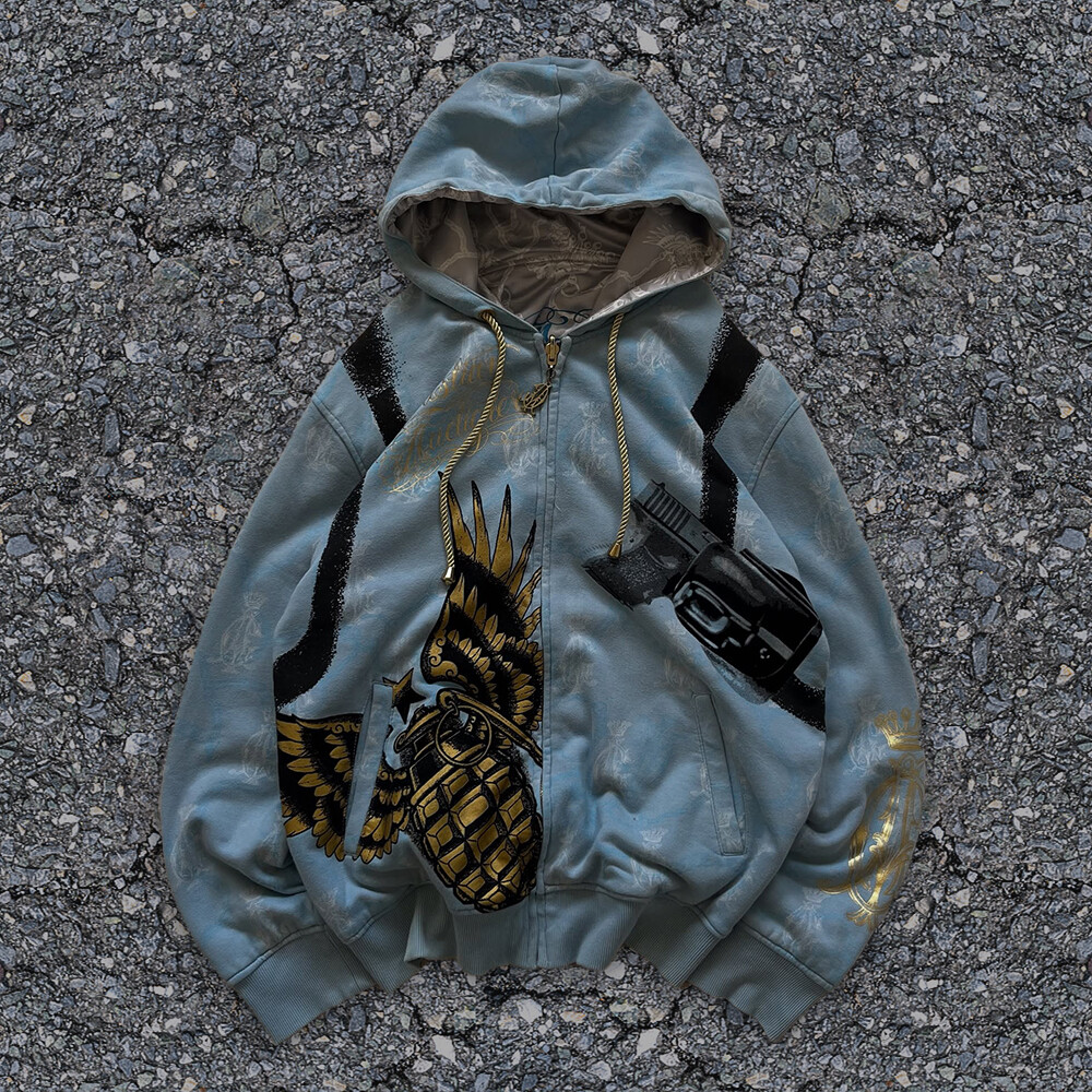 Men's winter Y2K streetwear zipper hoodie custom gold foil and digital print DTG ODM high quality