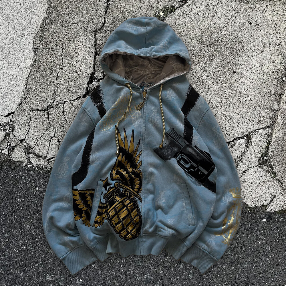 Men's winter Y2K streetwear zipper hoodie custom gold foil and digital print DTG ODM high quality
