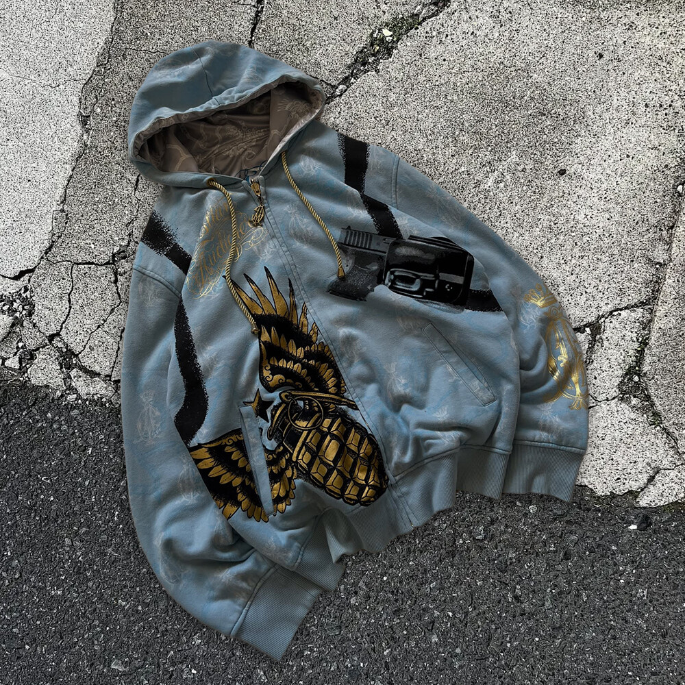 Men's winter Y2K streetwear zipper hoodie custom gold foil and digital print DTG ODM high quality