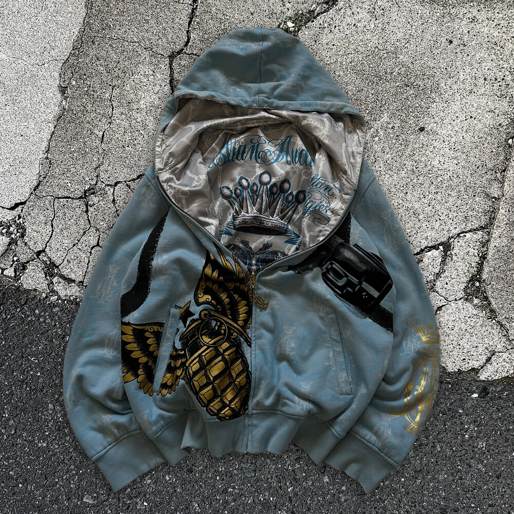 Men's winter Y2K streetwear zipper hoodie custom gold foil and digital print DTG ODM high quality