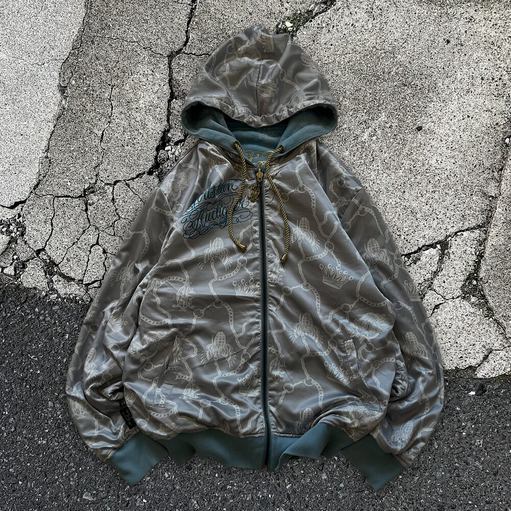 Men's winter Y2K streetwear zipper hoodie custom gold foil and digital print DTG ODM high quality