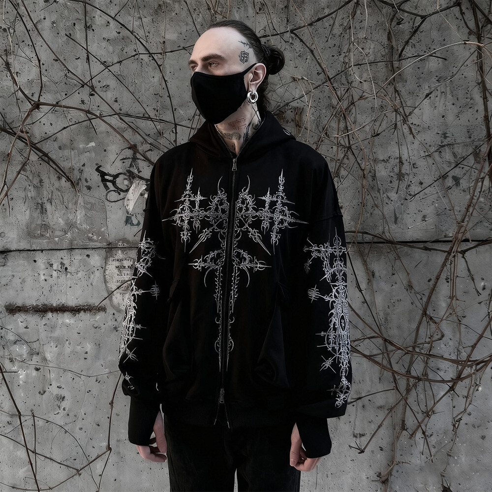 High-quality custom-made cotton-polyester fiber winter men's sweatshirt, hand-painted full-face double zipper hoodie, street style