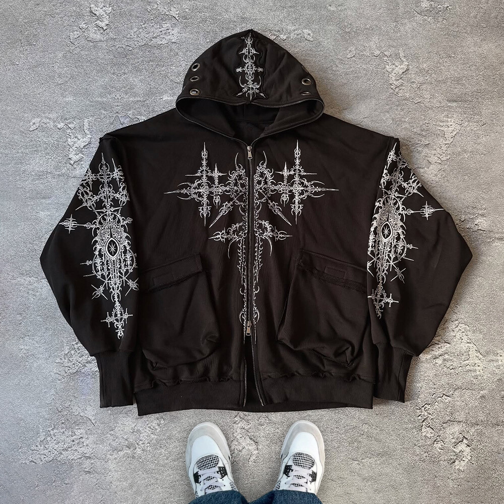 High-quality custom-made cotton-polyester fiber winter men's sweatshirt, hand-painted full-face double zipper hoodie, street style