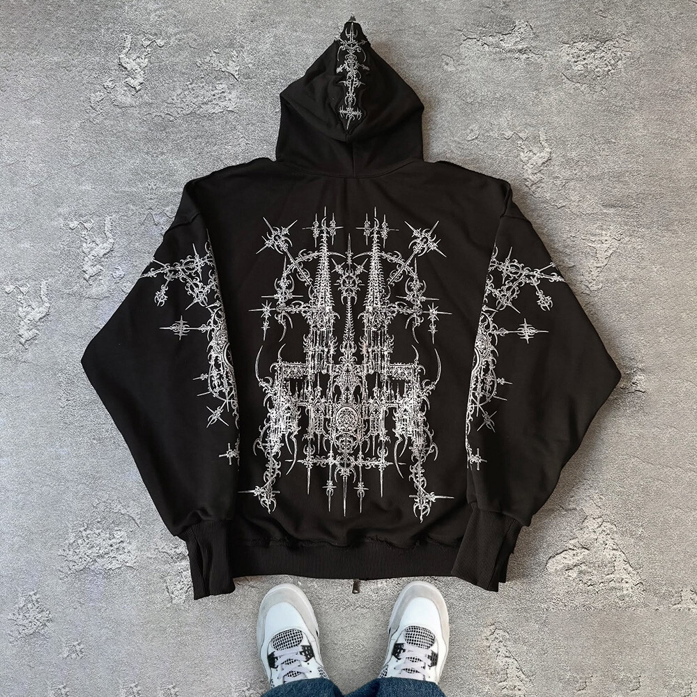 High-quality custom-made cotton-polyester fiber winter men's sweatshirt, hand-painted full-face double zipper hoodie, street style