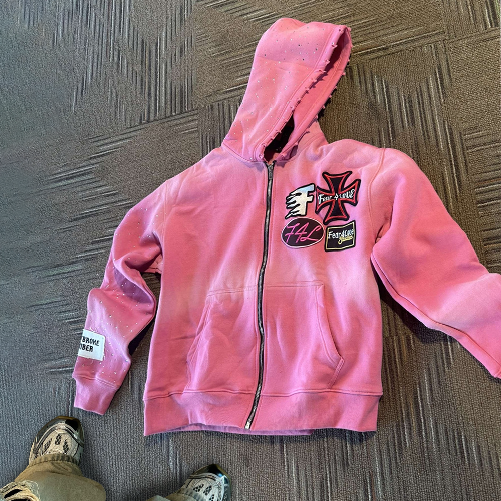 450 Gsm vintage 100% cotton acid-washed high-quality custom zipper hoodie for both men and women, embroidered rhinestone autumn hoodie and sweatshirt