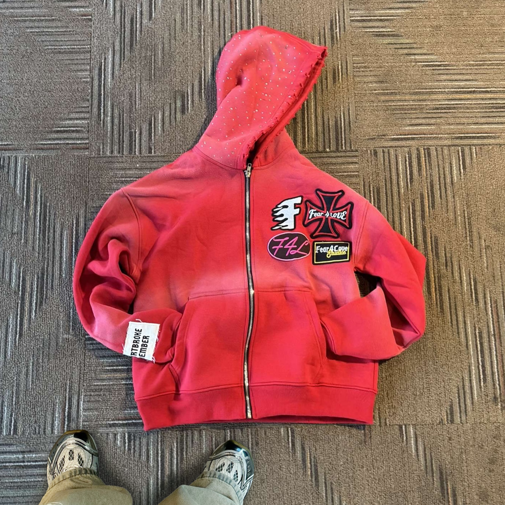 450 Gsm vintage 100% cotton acid-washed high-quality custom zipper hoodie for both men and women, embroidered rhinestone autumn hoodie and sweatshirt