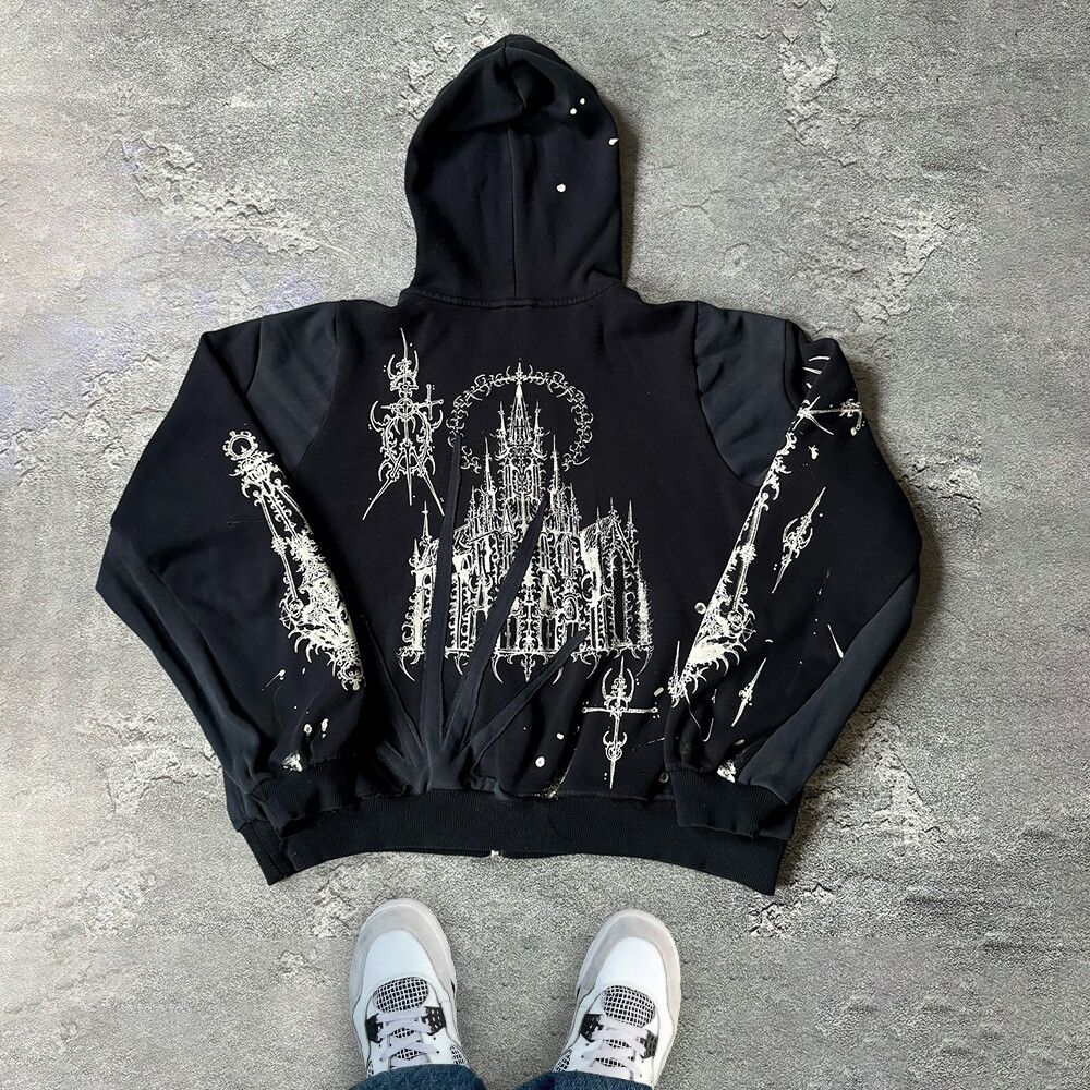 420 Gsm cotton-polyester fiber custom hand-painted decal embroidery men's Y2k hoodie autumn and winter sweatshirt