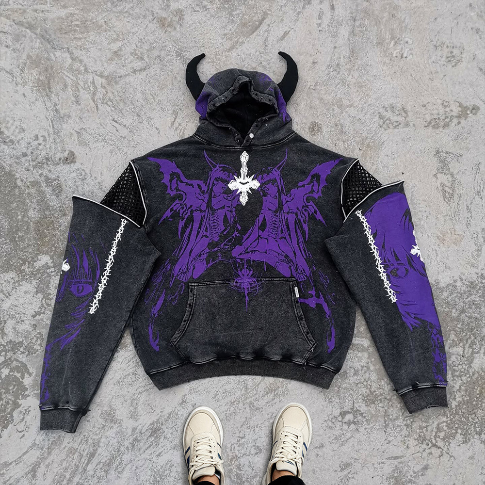 Cotton-polyester pullover hoodie acid-washed custom vintage silicone imitation two-piece hoodie, suitable for streetwear manufacturers