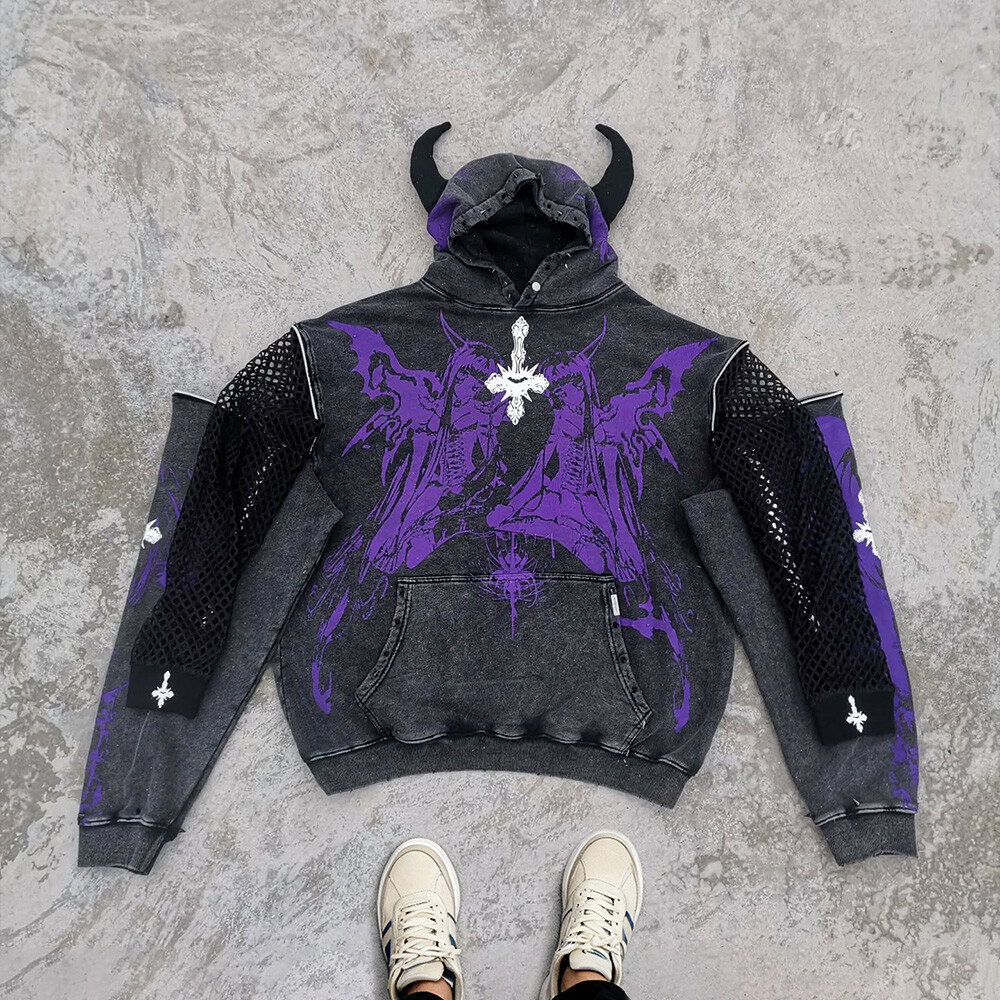 Cotton-polyester pullover hoodie acid-washed custom vintage silicone imitation two-piece hoodie, suitable for streetwear manufacturers