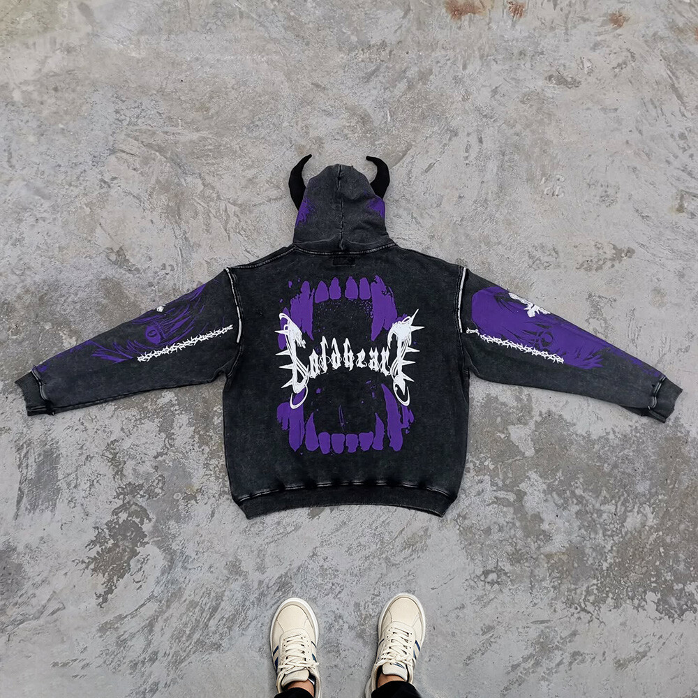 Cotton-polyester pullover hoodie acid-washed custom vintage silicone imitation two-piece hoodie, suitable for streetwear manufacturers