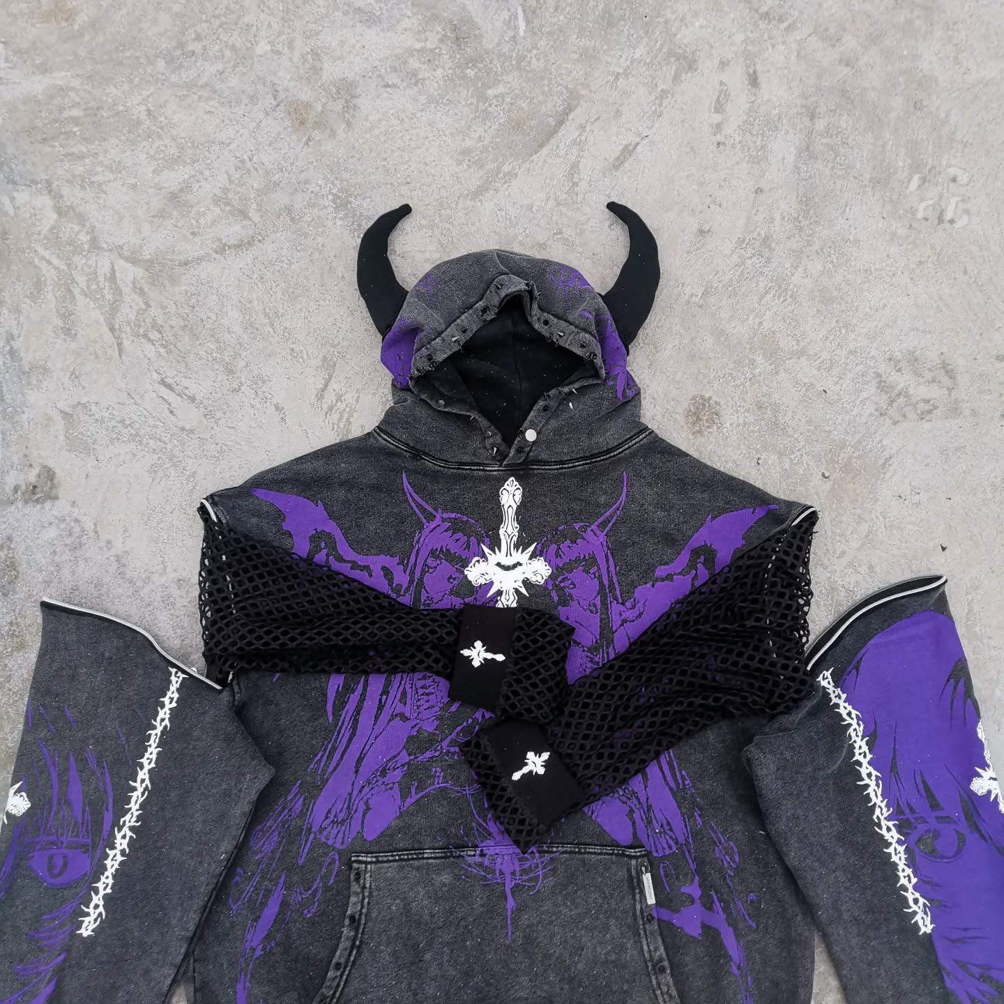 Cotton-polyester pullover hoodie acid-washed custom vintage silicone imitation two-piece hoodie, suitable for streetwear manufacturers