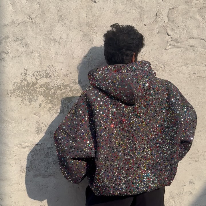 Men's thick custom zippered hoodie 1000GSM cotton/polyester rhinestone hoodie design extra-large V-neck streetwear for winter