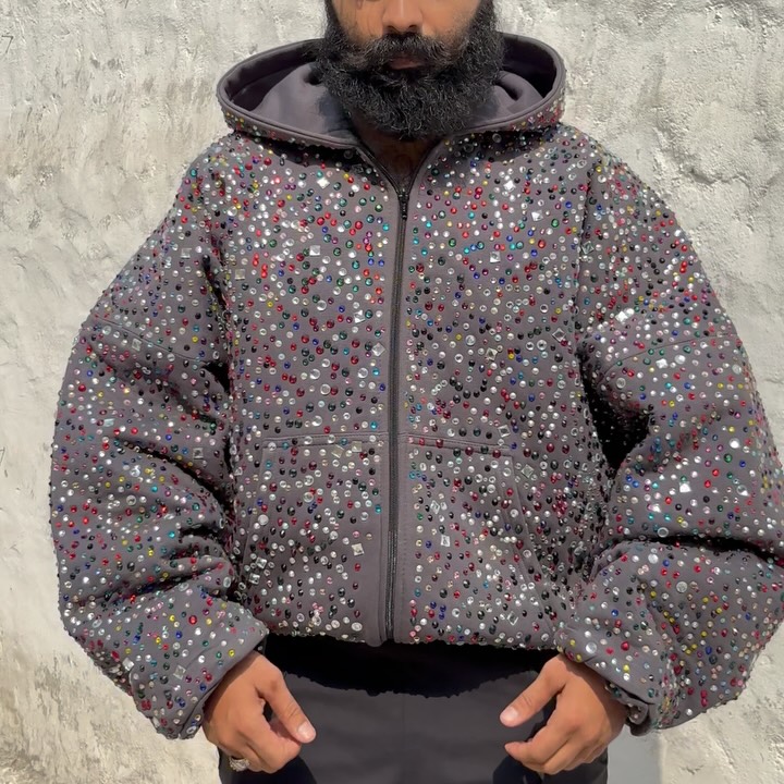 Men's thick custom zippered hoodie 1000GSM cotton/polyester rhinestone hoodie design extra-large V-neck streetwear for winter