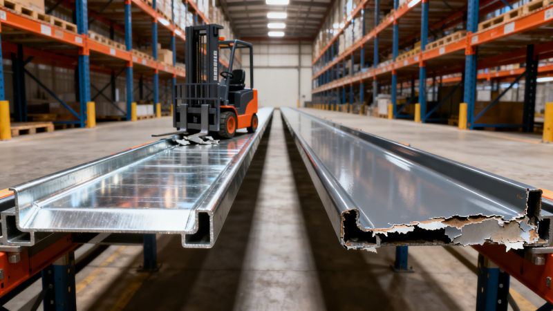 Which metal channel for warehouse shelving resists pallet jack impacts better: galvanized vs
