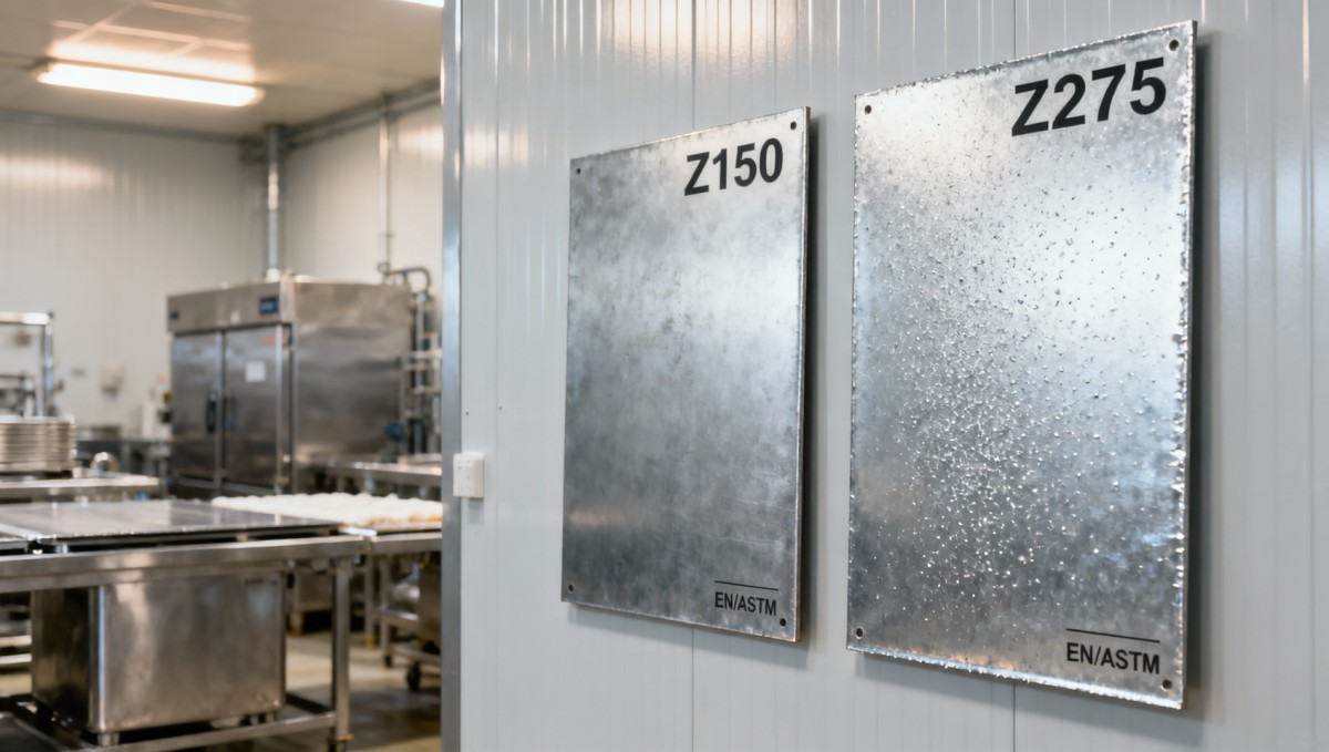 Z150 steel sheet salt spray test results versus Z275 for food processing facility cladding