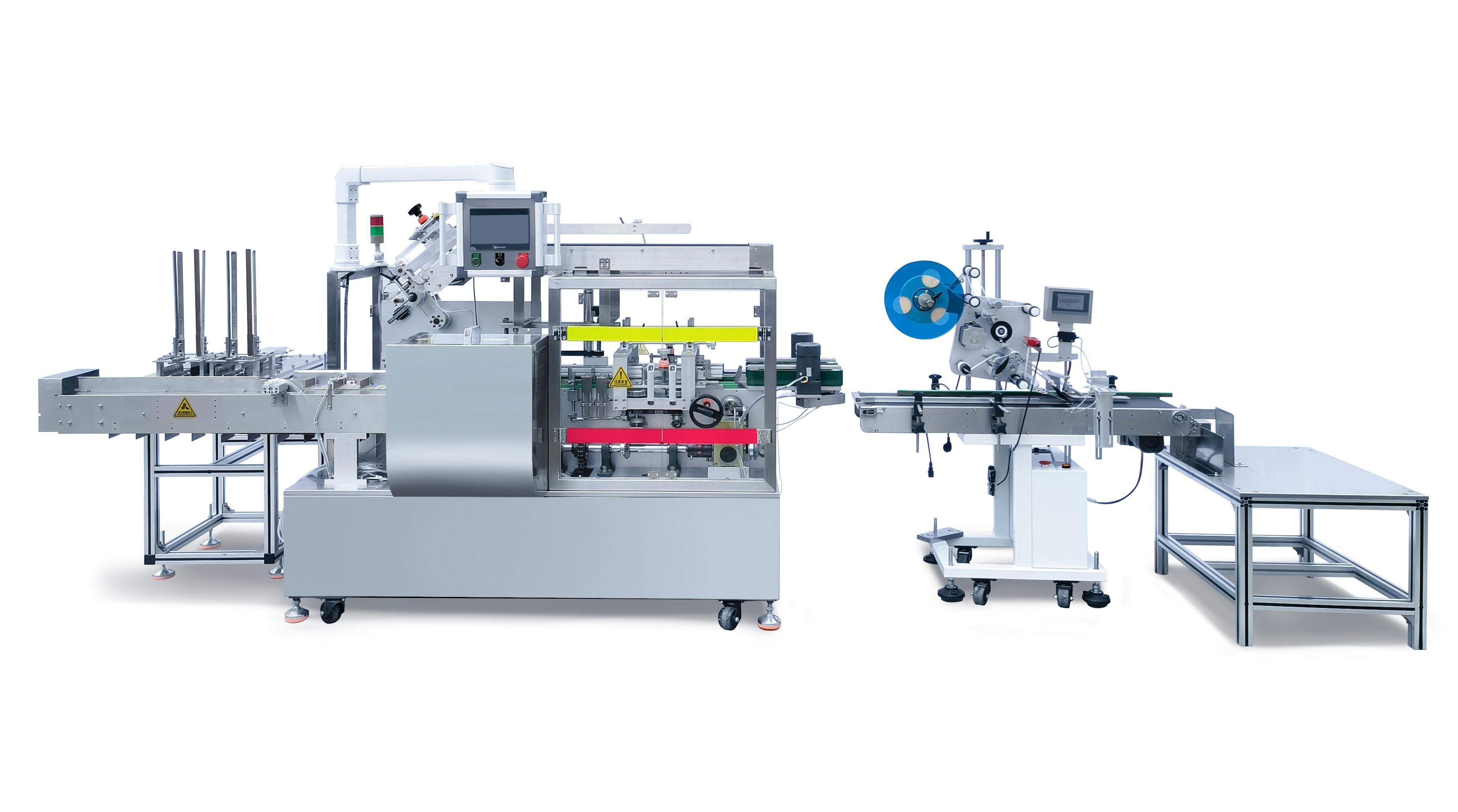Máquina de seleção, embalagem e dobragem de material em folha + Máquina de etiquetagem