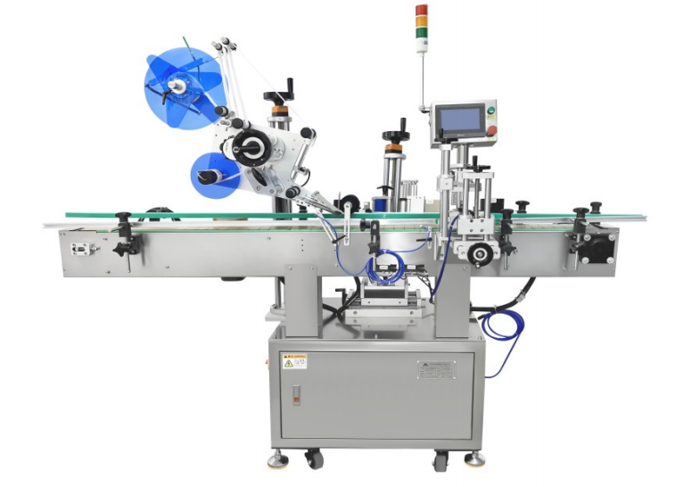Máquina de etiquetagem com posicionamento superior e lateral para garrafas redondas