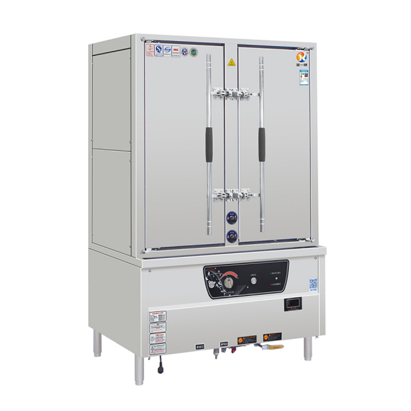 Double-door, 24-tray, forced-draft double-system steam cabinet (one in use, one standby)