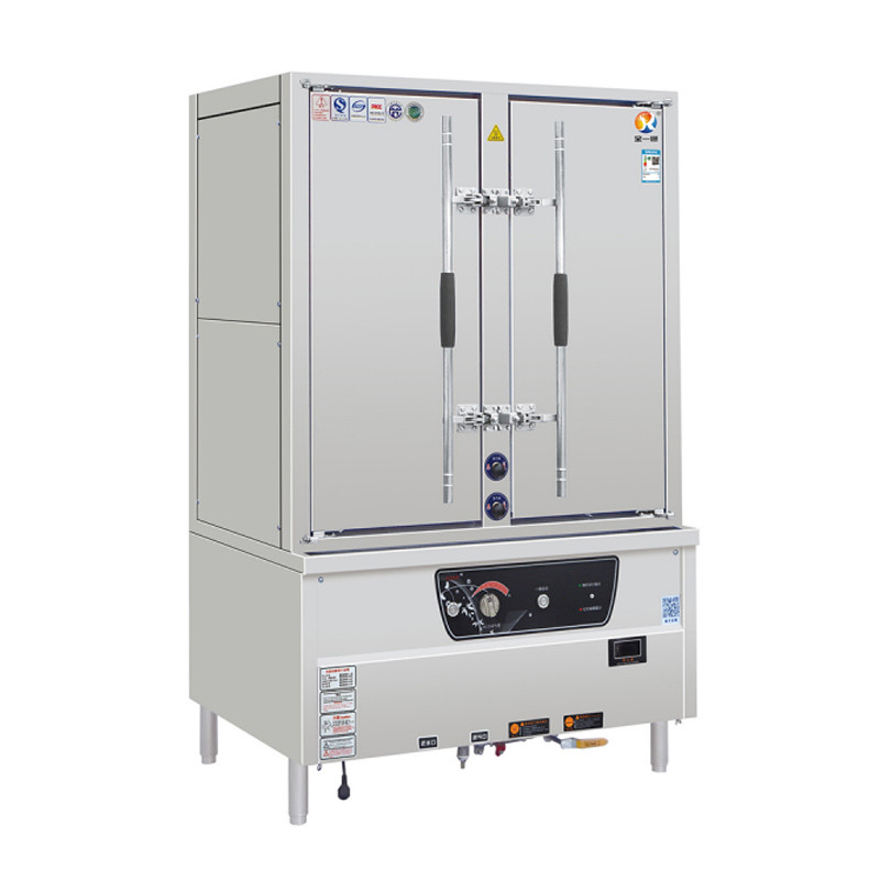 Double-door, 24-tray, forced-draft double-system steam cabinet (one in use, one standby)