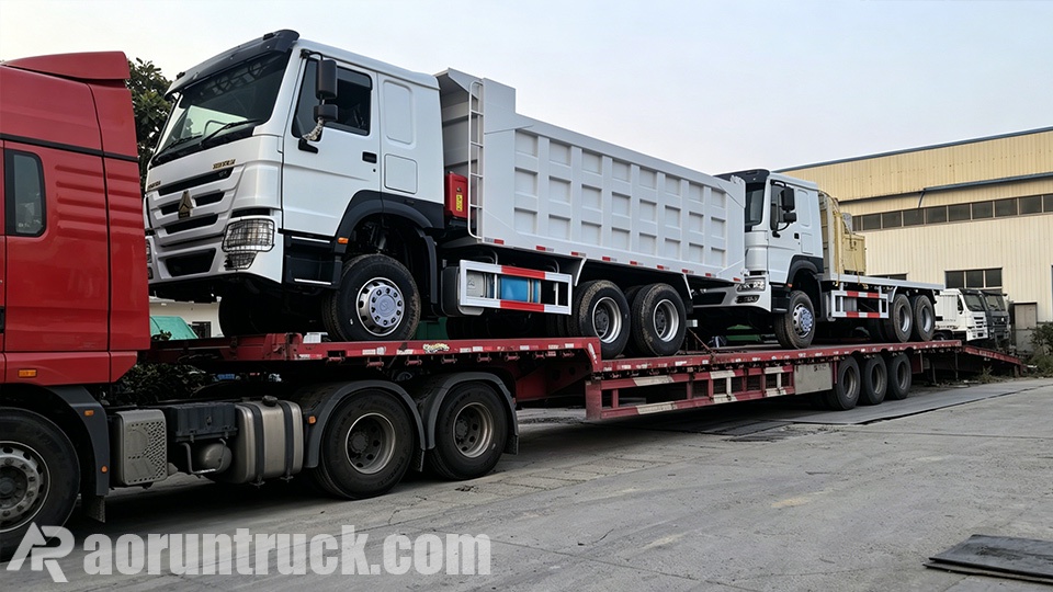 Howo 6x4 dump trucks and flatbed trucks shipped together to Guyana.