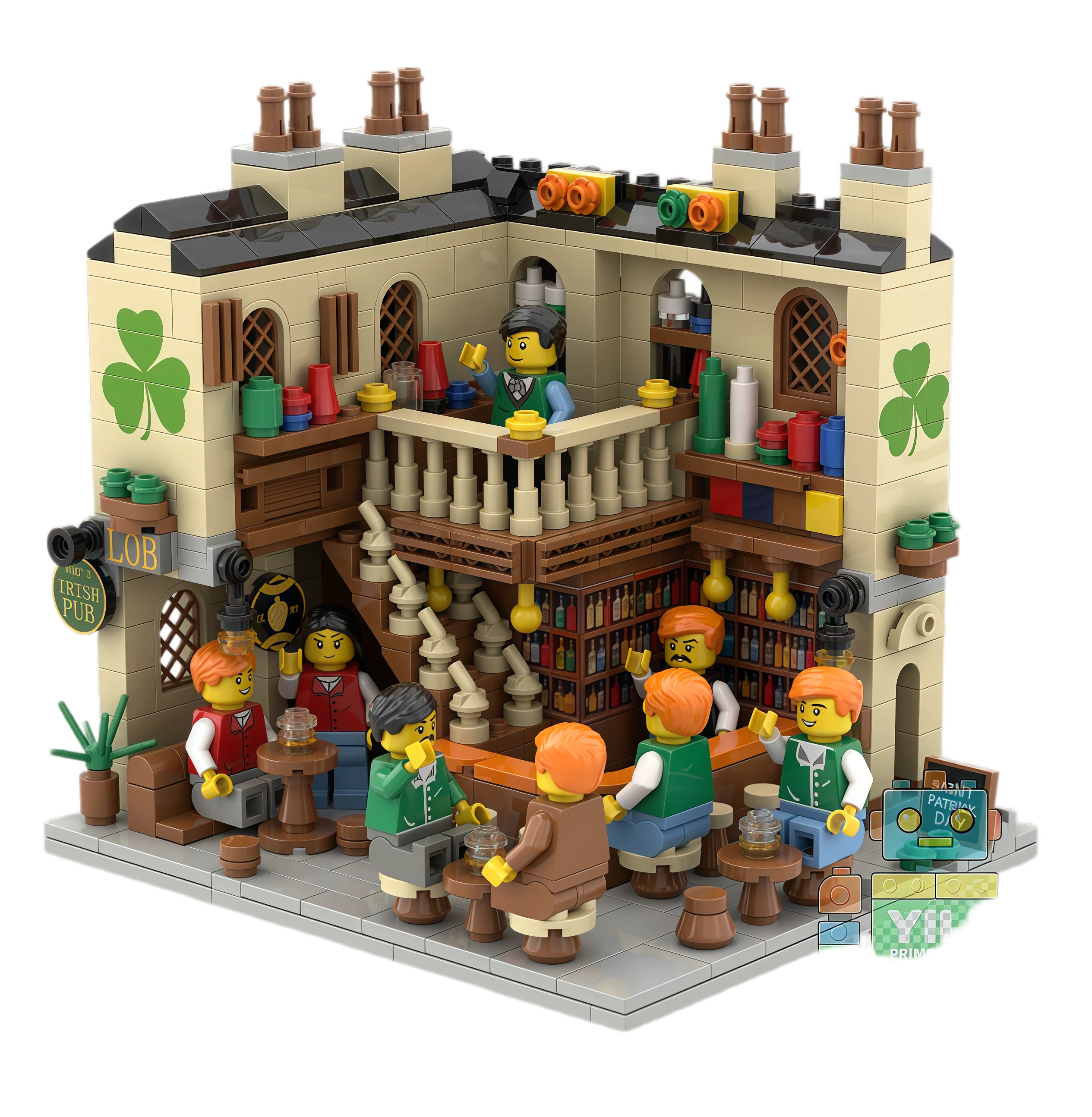 This Irish Pub building block set brings a traditional European pub atmosphere into a detailed brick-built miniature scene. Featuring a cozy bar interior, classic architecture, and lively customer setting, it is an ideal collectible for cultural merchandise, themed gifts, and creative retail products.