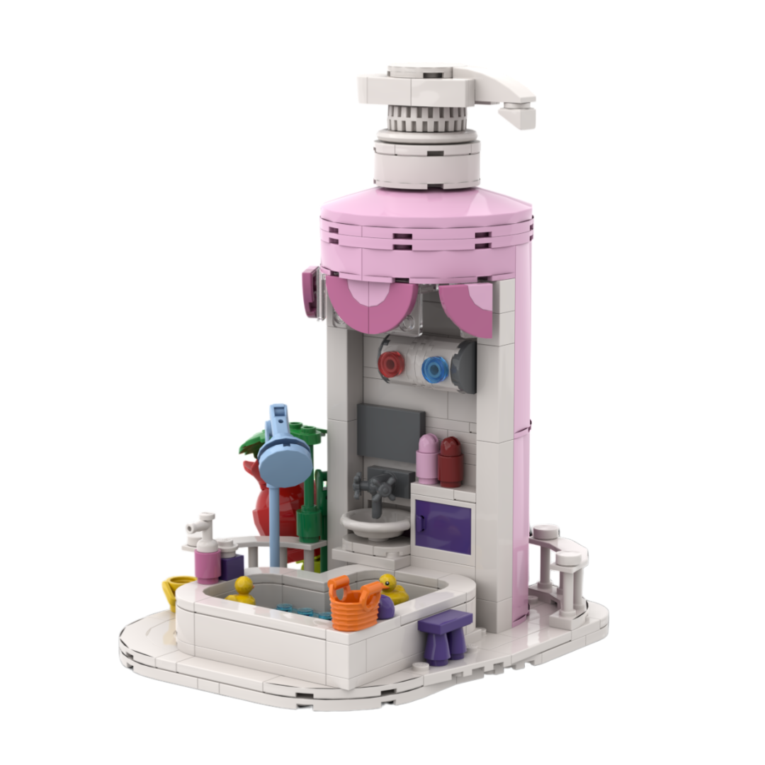 Custom Bathroom Building Blocks – Giant Pump Bottle MOC Model with Detailed Miniature Bathroom Scene