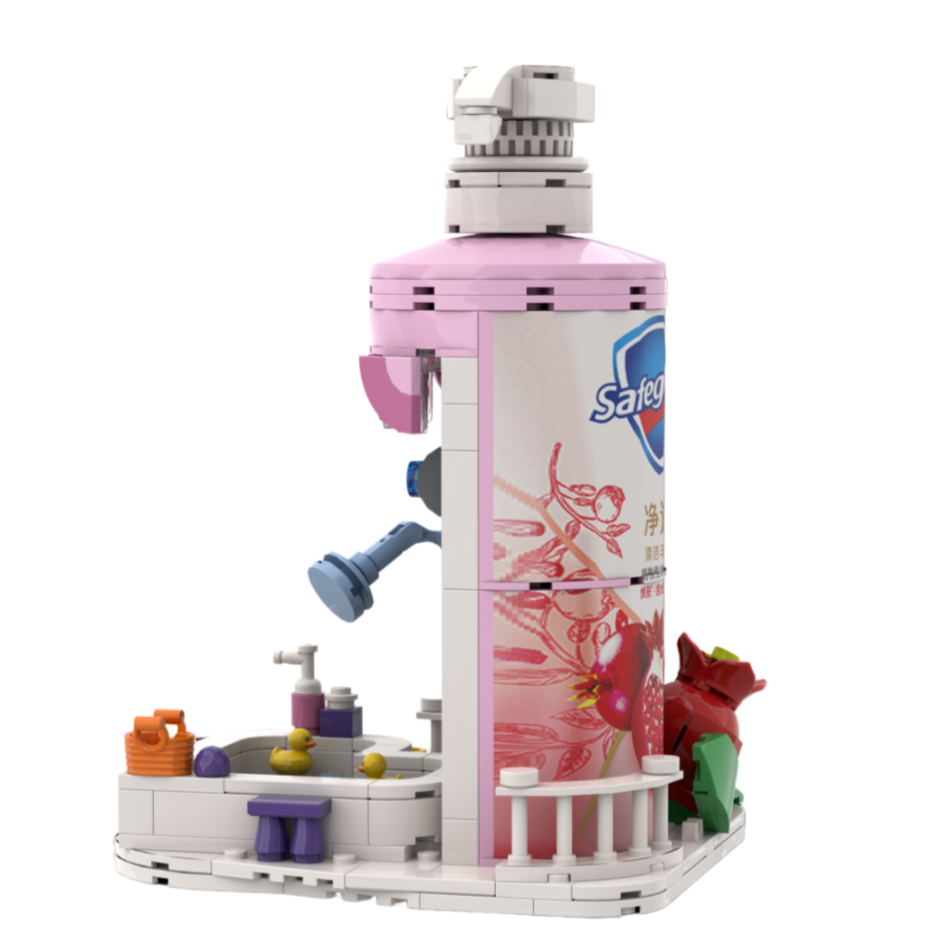 Custom Bathroom Building Blocks – Giant Pump Bottle MOC Model with Detailed Miniature Bathroom Scene