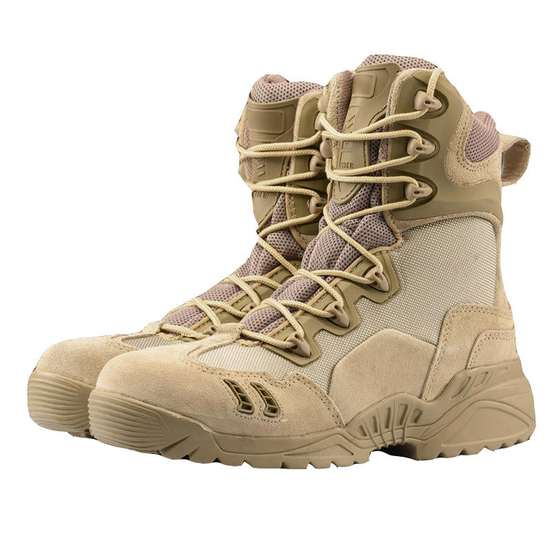 Waterproof leather tactical boots for outdoor, hiking, climbing, hiking, rubber sole with lace/zipper closure for hunting and training