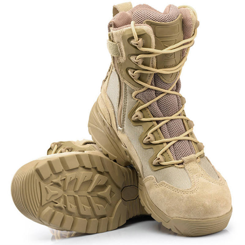 Waterproof leather tactical boots for outdoor, hiking, climbing, hiking, rubber sole with lace/zipper closure for hunting and training