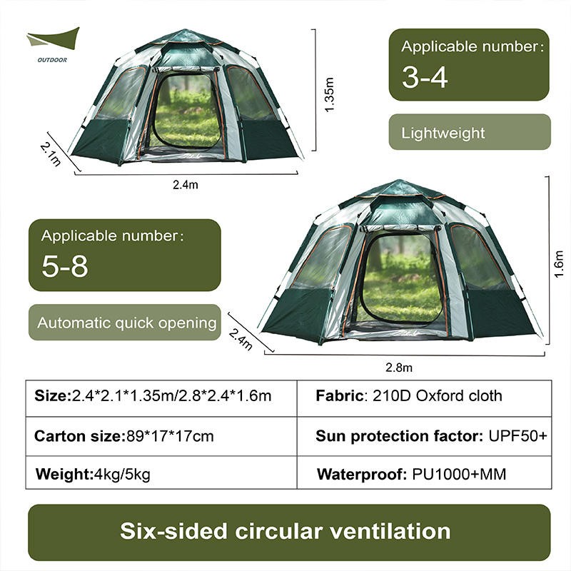 Six-Sided Country Tent Four Windows Durable Folding Waterproof Tent with Sliding Glasses