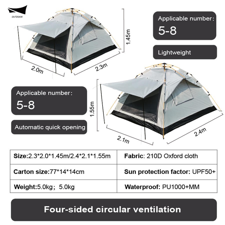 High strength waterproof tent, ventilated shelter for all kinds of weather, quick and portable installation, Oxford fabric waterproof tent for hiking