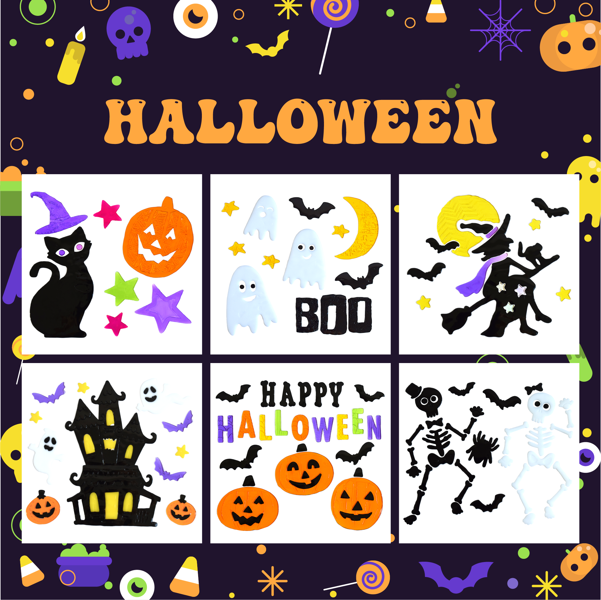 Halloween Window Gel Clings Ghost Pumpkin Bat Witch Cat Boo Blood Decal Stickers for Halloween Home Party Window Decorations