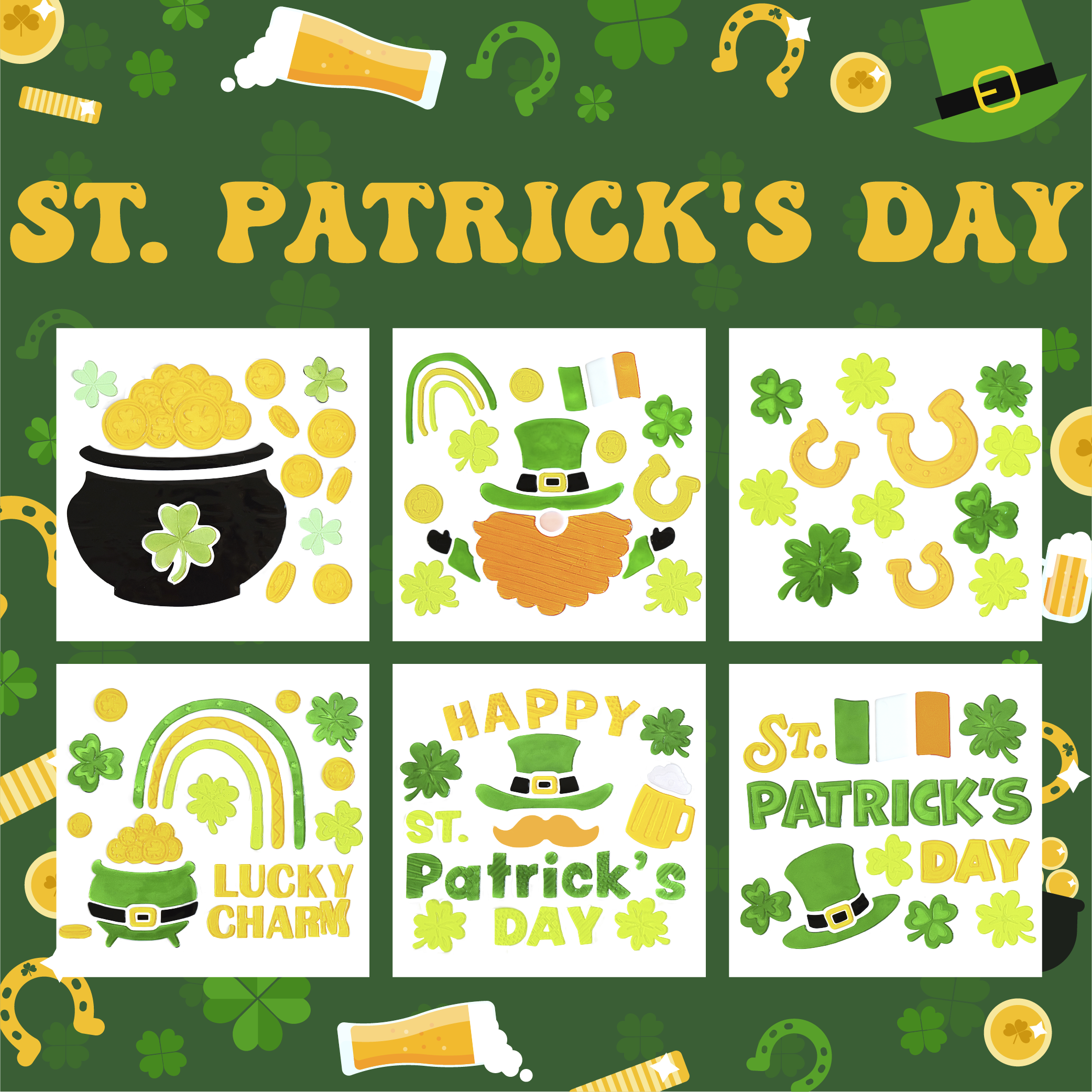 6pcs St Patricks Day Window Clings Gel, Shamrock Top Hat Leprechaun Lucky Irish St Patricks Day Decor, St Patricks Day Decorations for Office, Holiday Window Clings for Party Supplies Gifts