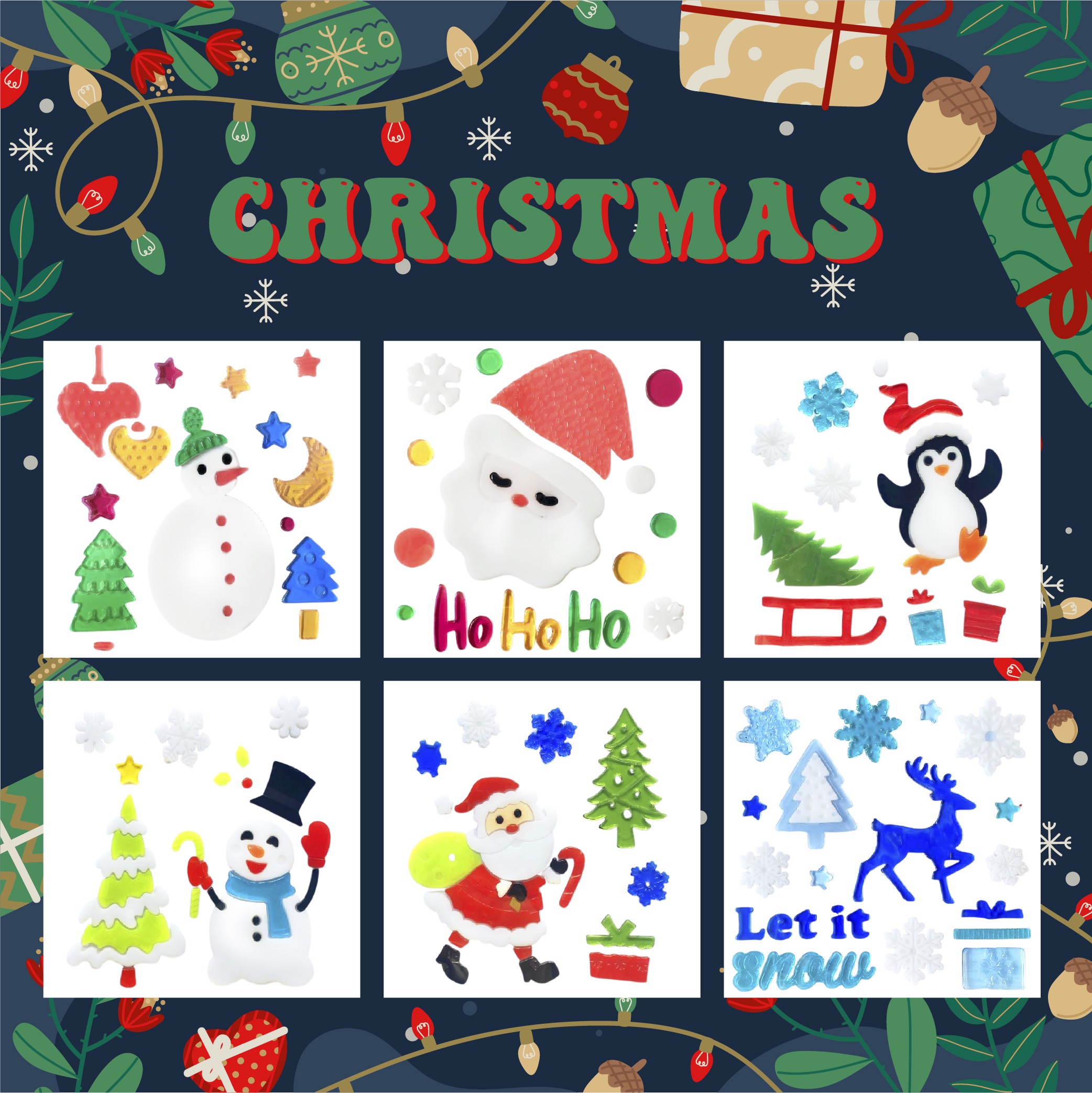 Christmas Gel Window Clings - Xmas Santa Claus Snowman Snowflake Penguin Christmas Tree Gift Window Stickers for Kids