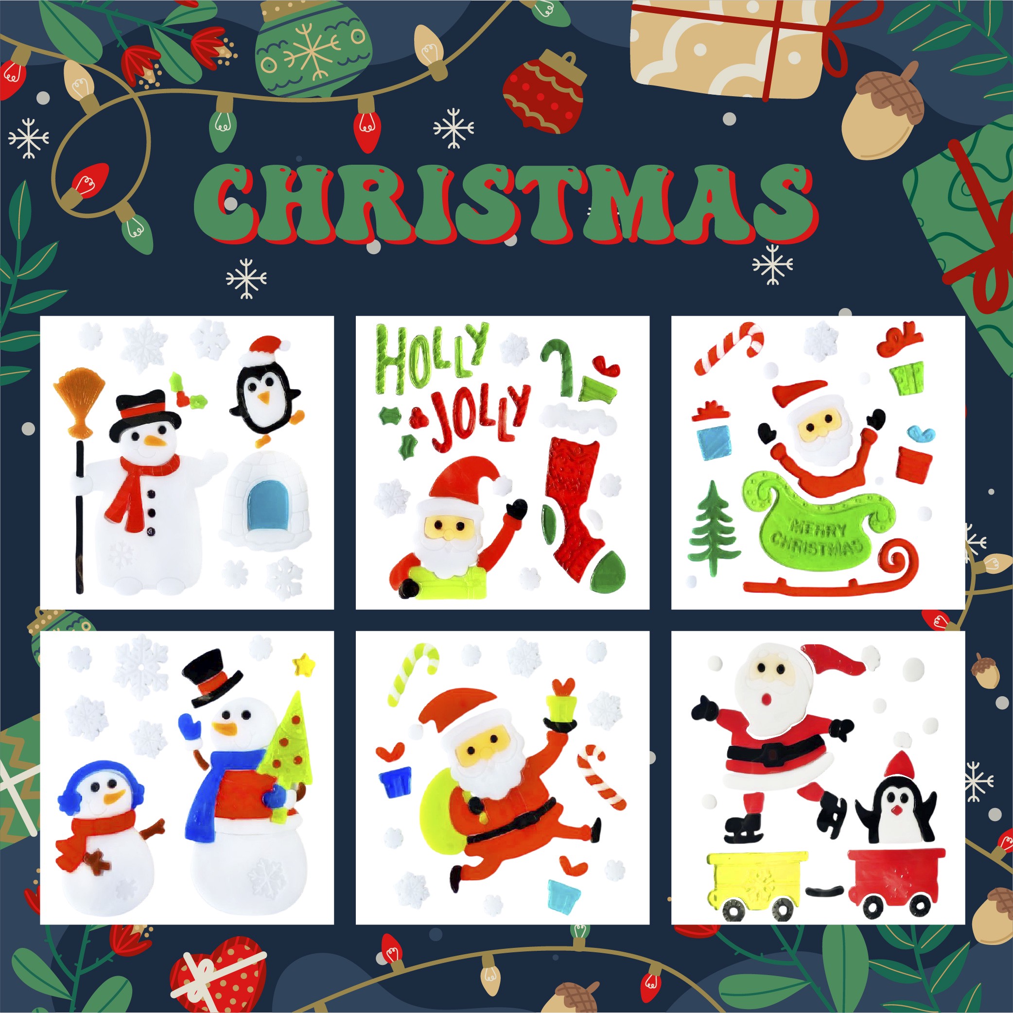 Christmas Gel Window Clings - Xmas Santa Claus Snowman Snowflake Penguin Christmas Tree Gift Window Stickers for Kids