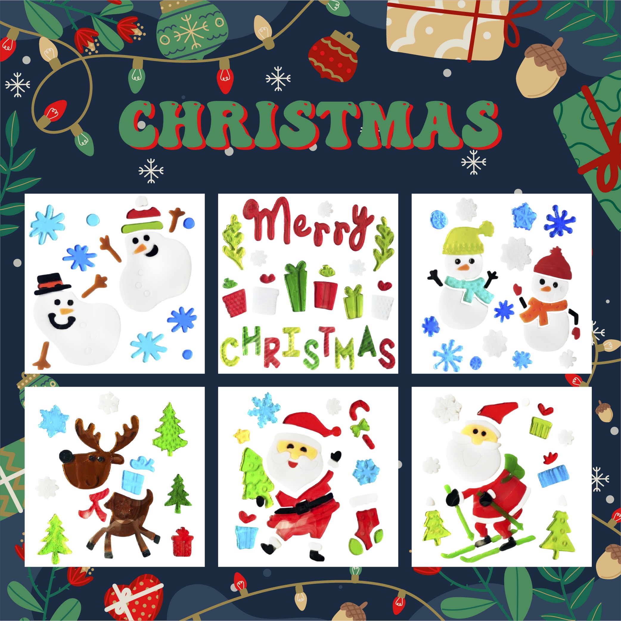 Christmas Gel Window Clings - Xmas Santa Claus Snowman Snowflake Penguin Christmas Tree Gift Window Stickers for Kids