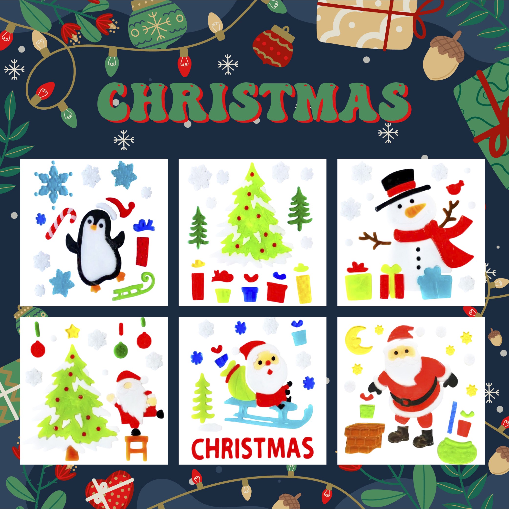 Christmas Gel Window Clings - Xmas Santa Claus Snowman Snowflake Penguin Christmas Tree Gift Window Stickers for Kids