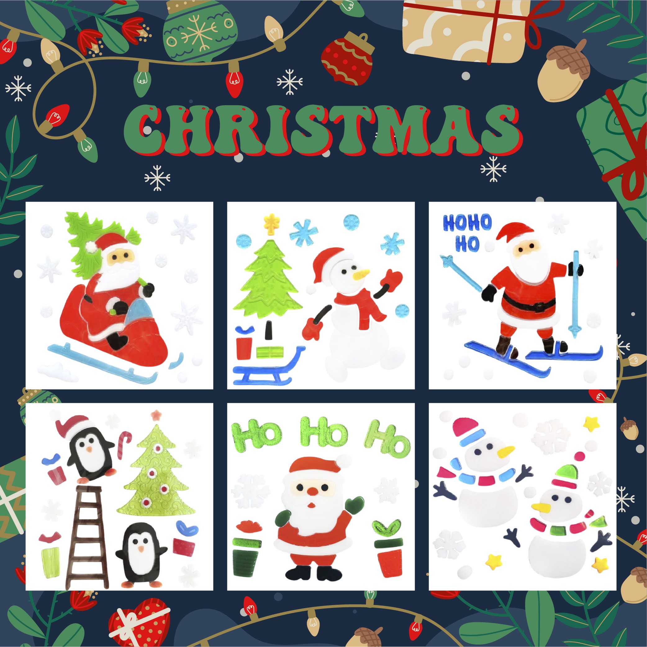 Christmas Gel Window Clings - Xmas Santa Claus Snowman Snowflake Penguin Christmas Tree Gift Window Stickers for Kids