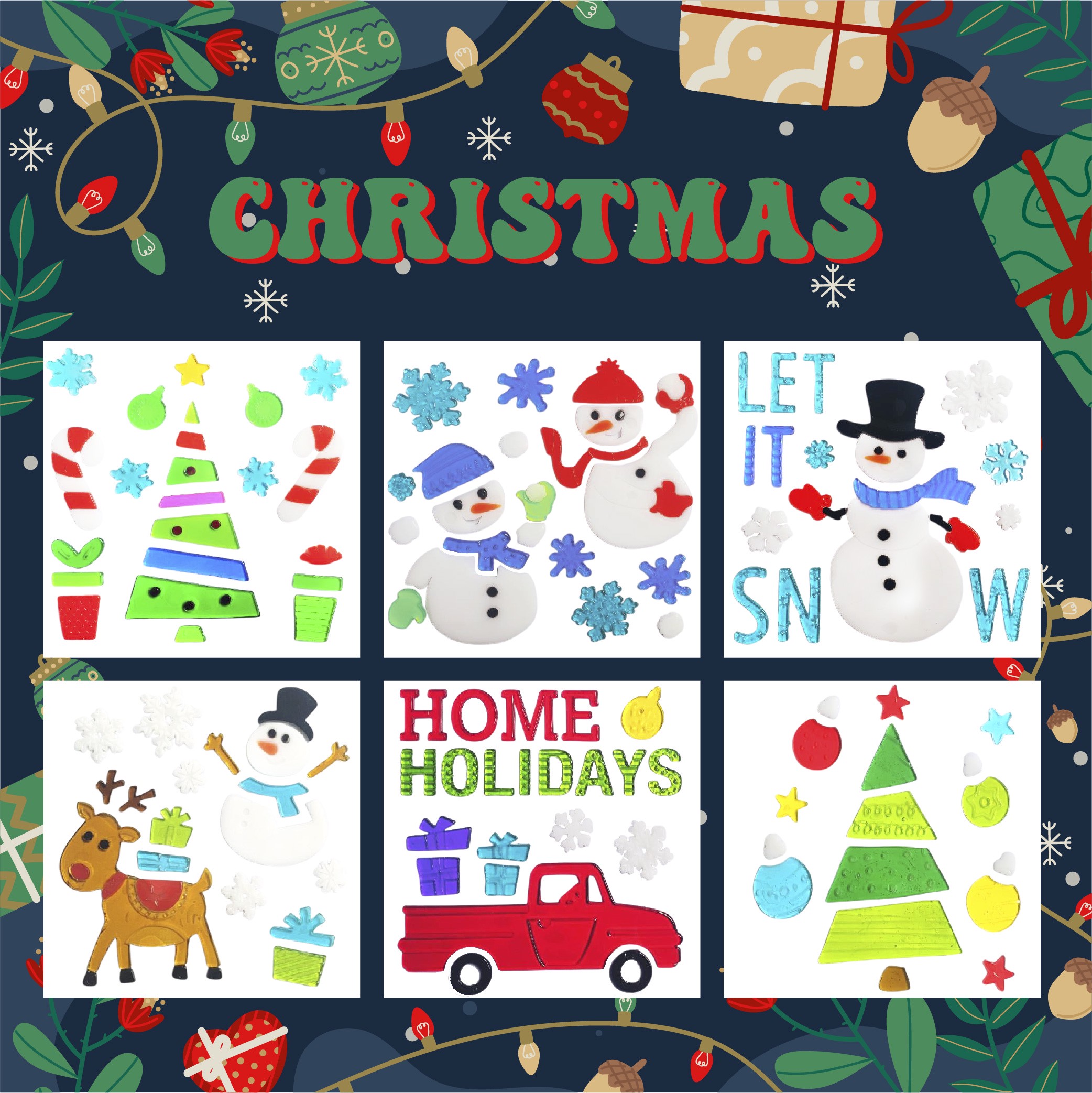 Christmas Gel Window Clings - Xmas Santa Claus Snowman Snowflake Penguin Christmas Tree Gift Window Stickers for Kids