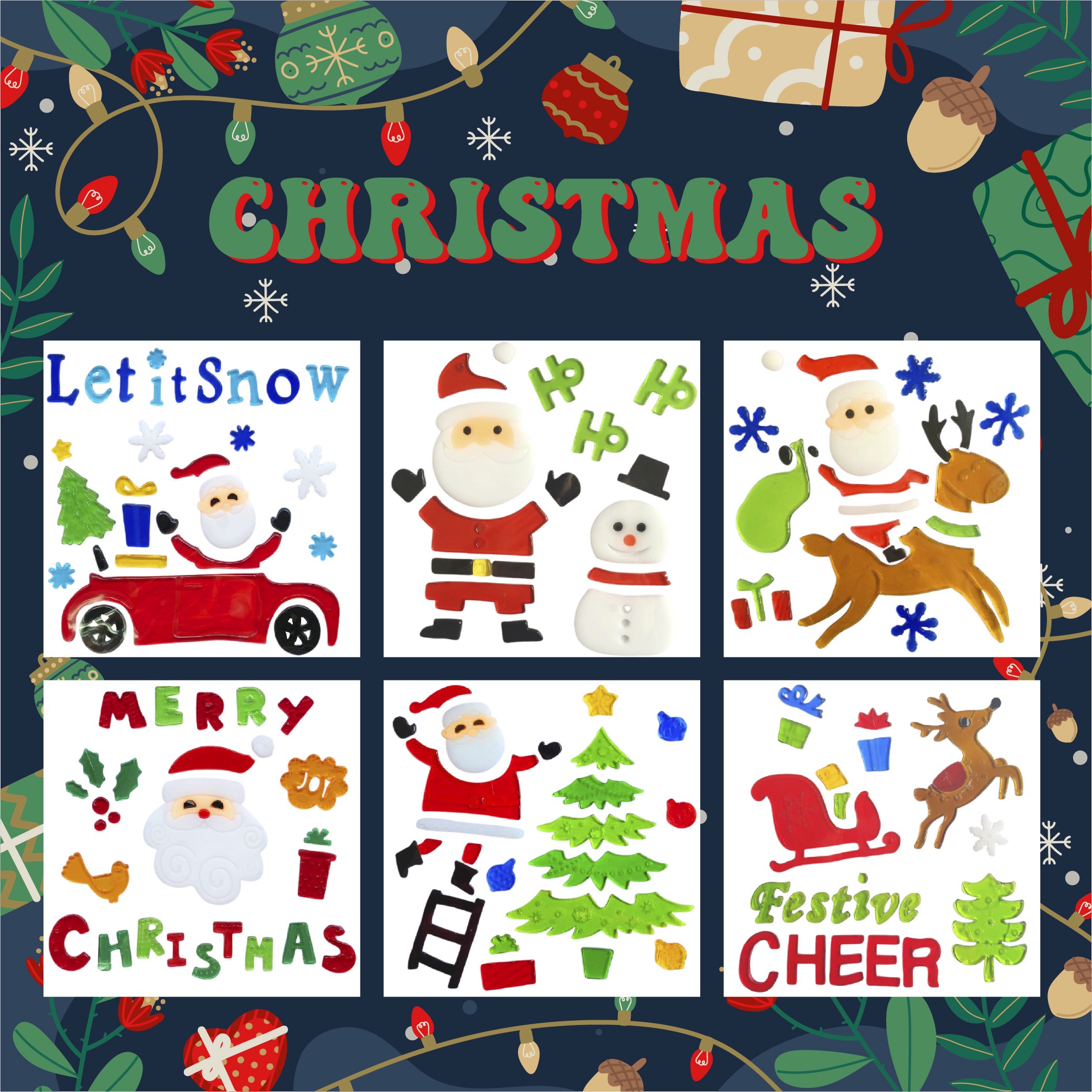 Christmas Gel Window Clings - Xmas Santa Claus Snowman Snowflake Penguin Christmas Tree Gift Window Stickers for Kids